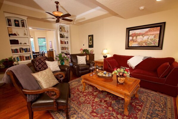 TV, fireplace, books