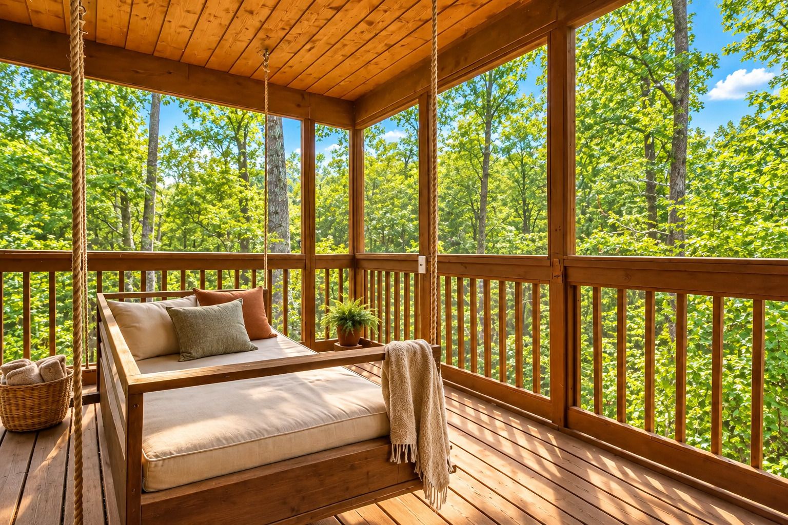 Una terraza de madera con una cama, almohadas, una planta y una cesta.