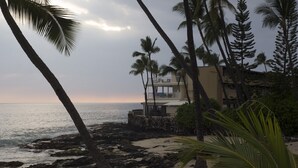 Une plage avec un bâtiment doté de balcons, de palmiers et offrant une vue sur l’océan.