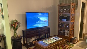 Un salon avec un téléviseur diffusant une scène de vagues, une bibliothèque, une table basse et un canapé.