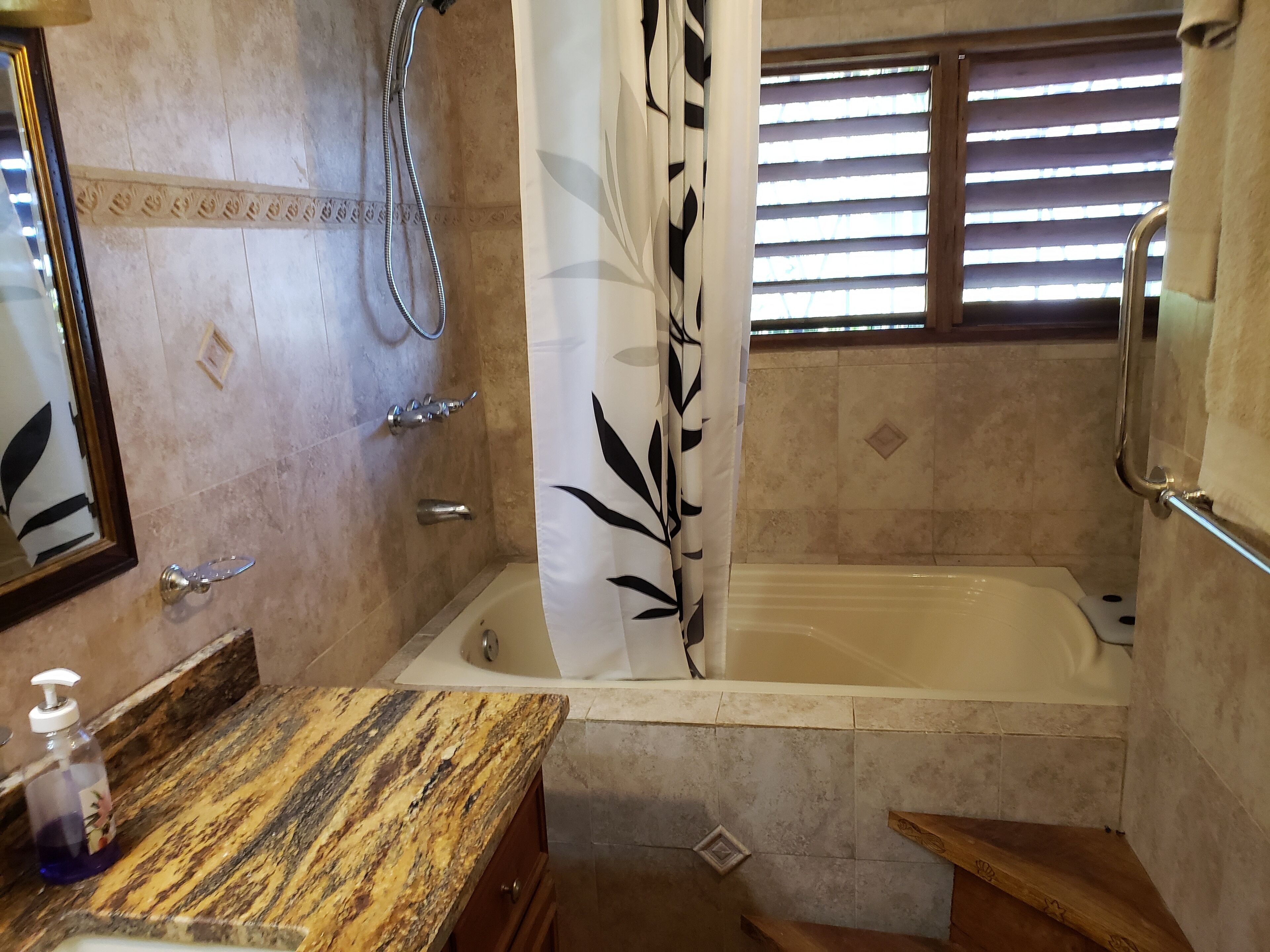Shower, towels, soap, toilet paper
