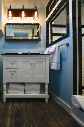 Hair dryer, towels, soap, shampoo