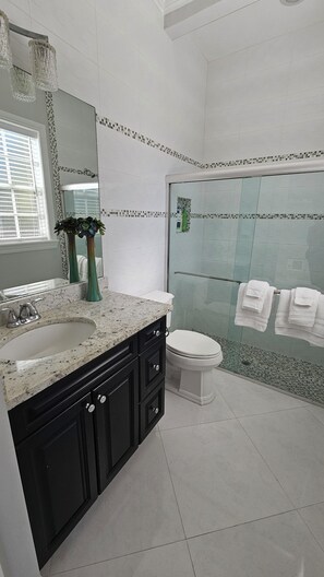 A bathroom with a sink, toilet, and a glass shower enclosure.