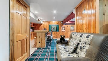 Smart TV, fireplace, video games, DVD player