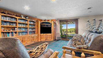 Smart TV, fireplace, video games, DVD player