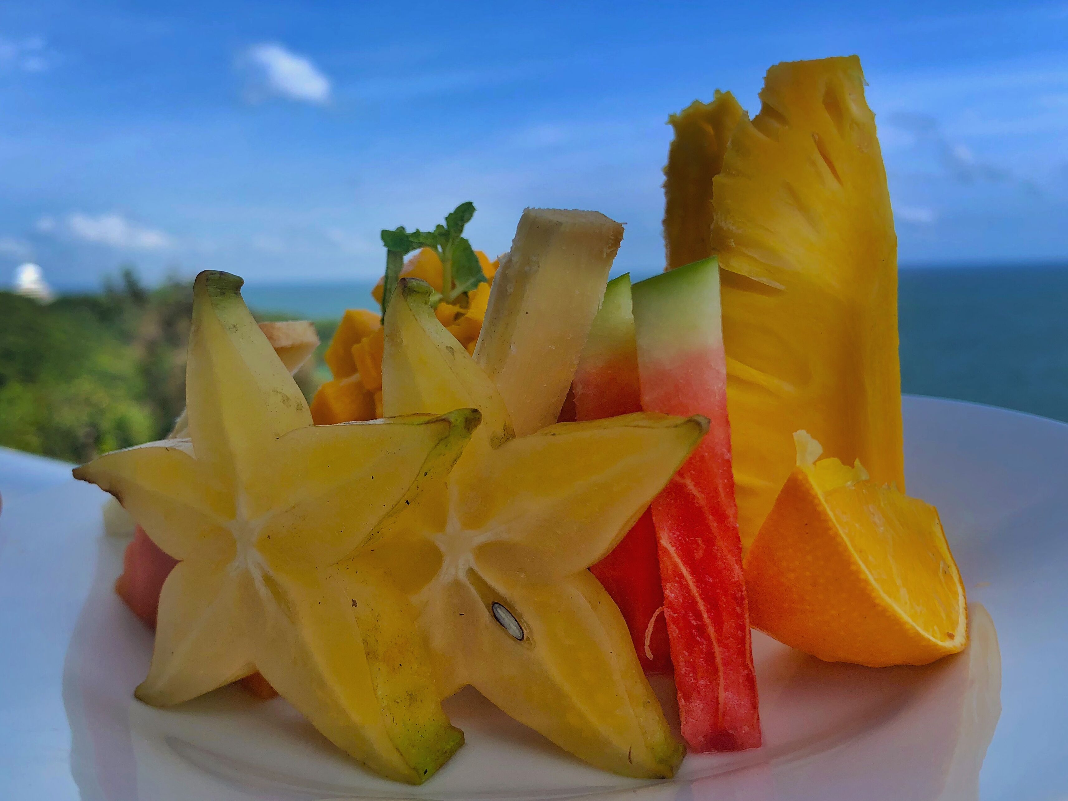 A plate of sliced star fruit, watermelon, and orange with a scenic view in the background.