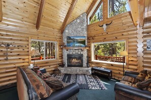 TV, fireplace, table football - Summit Woods by Destination Big Bear : Log Cabin! Awesome Location near Snow Summit! Foosball! Cable & WiFi! Gas BBQ! (Big Bear Lake)