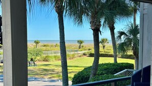 A view from a balcony overlooking a grassy area with palm trees and a road leading to the beach. - Stunning Oceanview Luxury Remodel, Bikes Included! (Hilton Head Island)