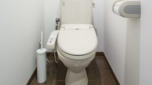 A small, white toilet with a control panel, a toilet brush, and a bidet attachment in a narrow room with wooden flooring.