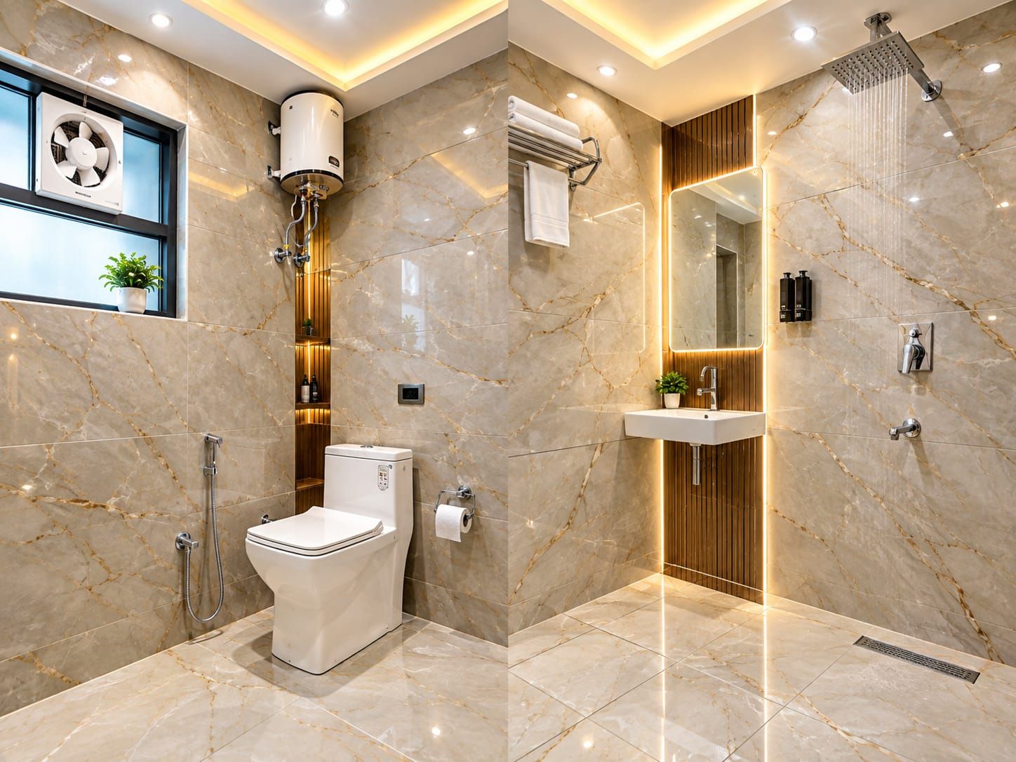 A modern bathroom with a toilet, shower, and sink.