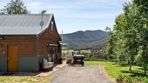 A rustic cabin with a metal roof, a satellite dish, and a barbecue grill in front. - Quins Gap Escapes (Bright)