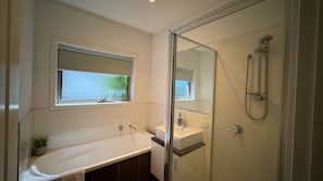 Shower, hair dryer, towels