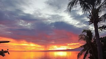 A beach with a sunset, palm trees, and a calm sea.