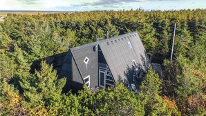 Una casa amb teulada inclinada envoltada per un bosc dens.