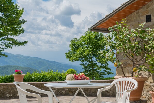 An outdoor patio with a table set for two, a bowl of fruit, and potted plants.