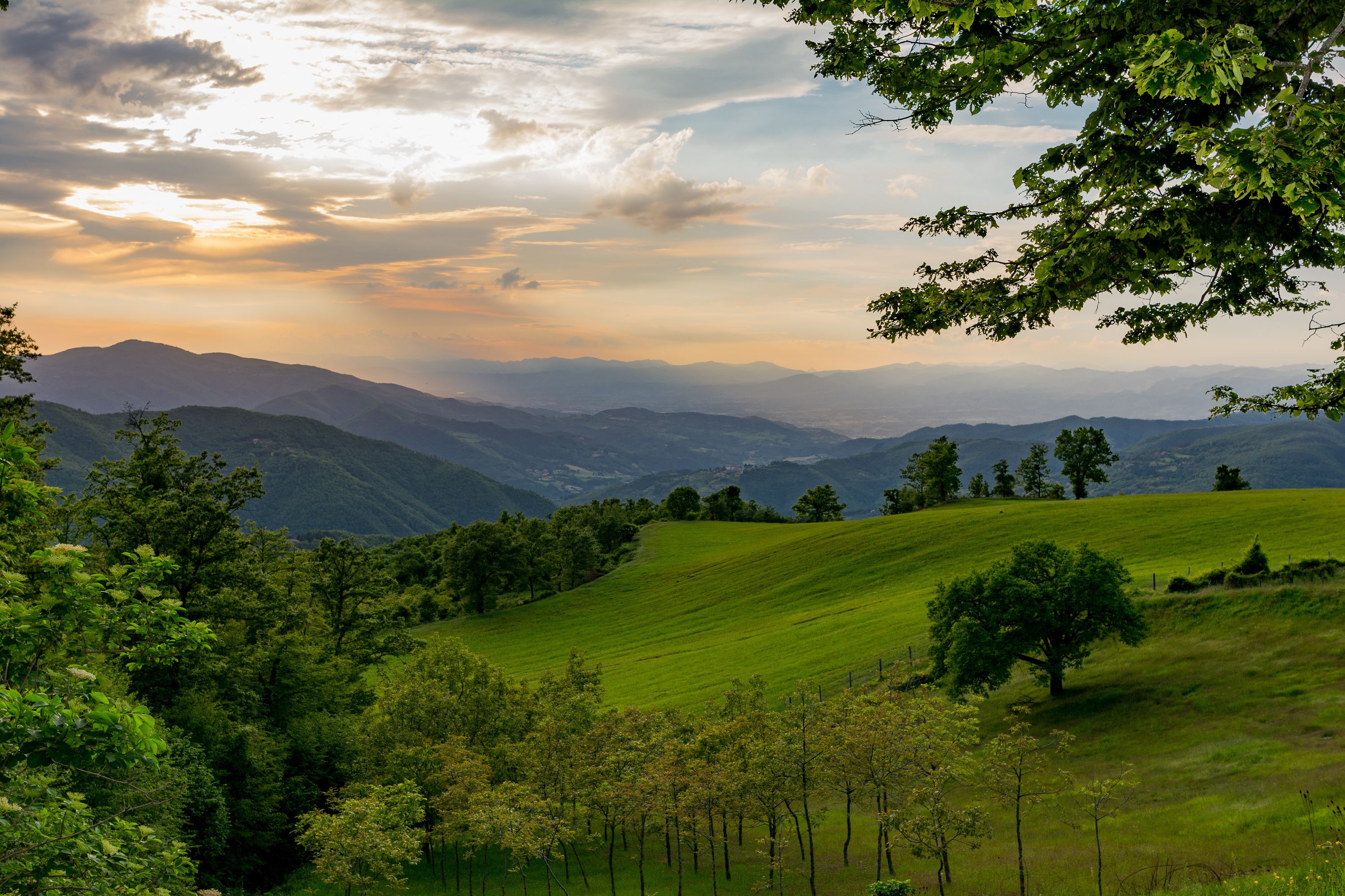 A panoramic view of a lush green landscape with rolling hills and distant mountains under a partly cloudy sky.