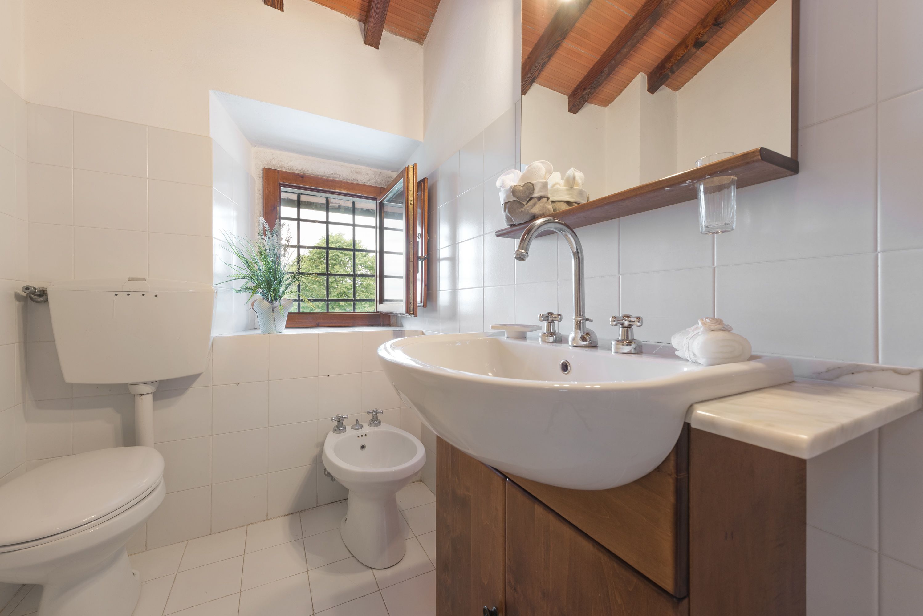A bathroom with a toilet, bidet, sink, wooden cabinet, and a window with a plant.
