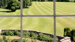 A view through a window with a grid pattern, displaying a green field, trees, and a distant hill. - Burton Court (Leominster)