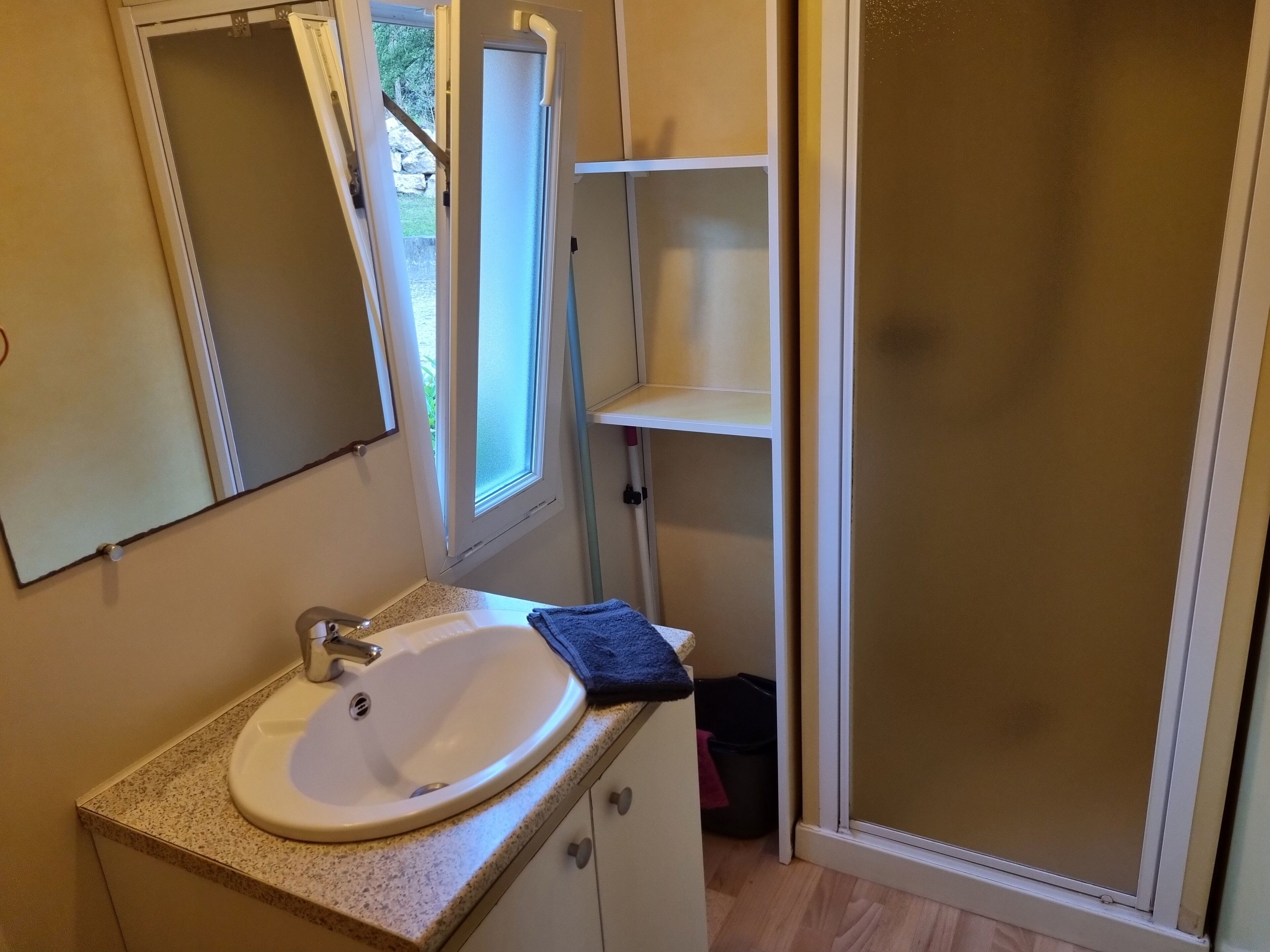 A bathroom with a white sink, a mirror, a window, and a shower area.