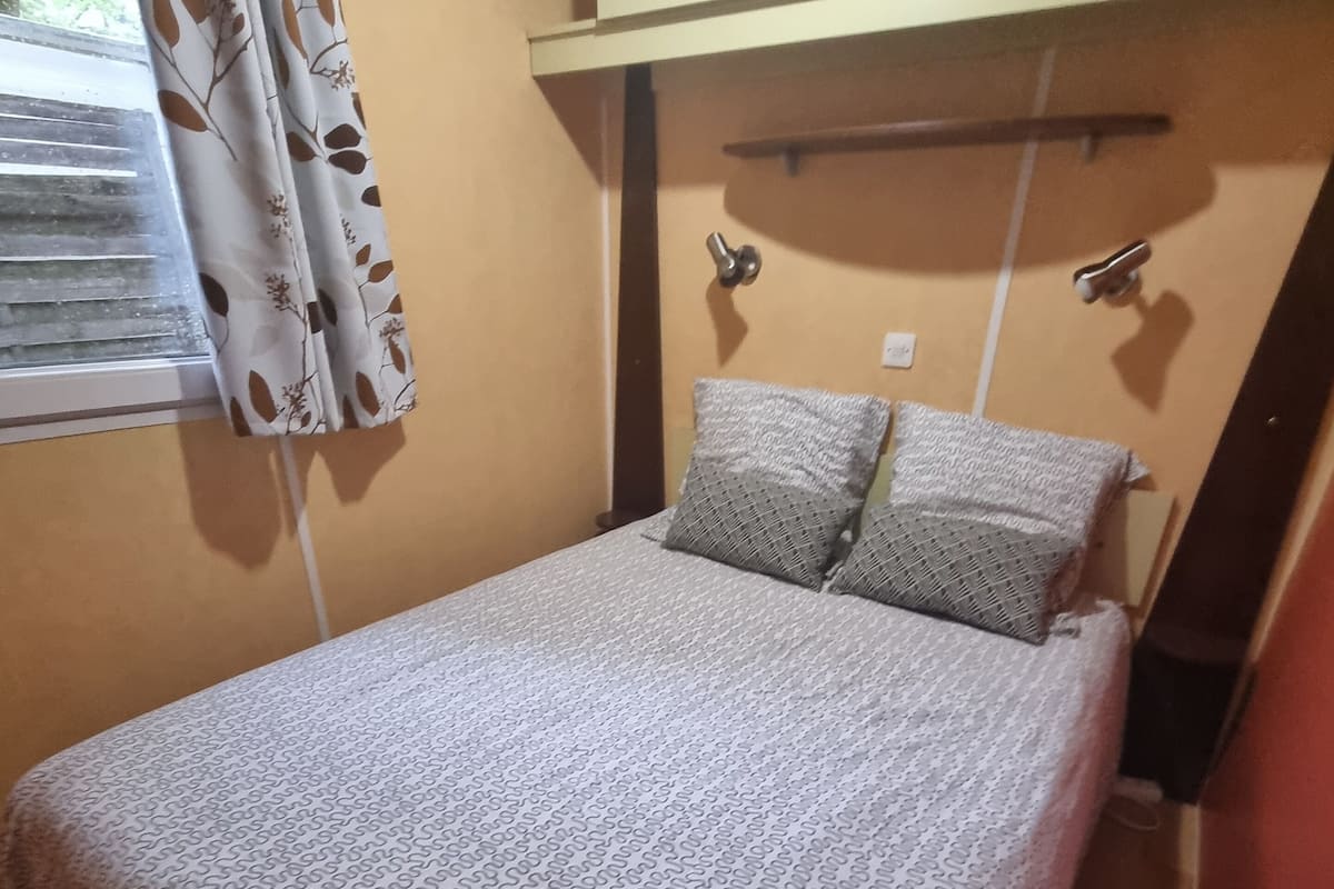 Habitació petita amb un llit individual, un edredó estampat, una finestra amb cortines i un armari amb mirall.