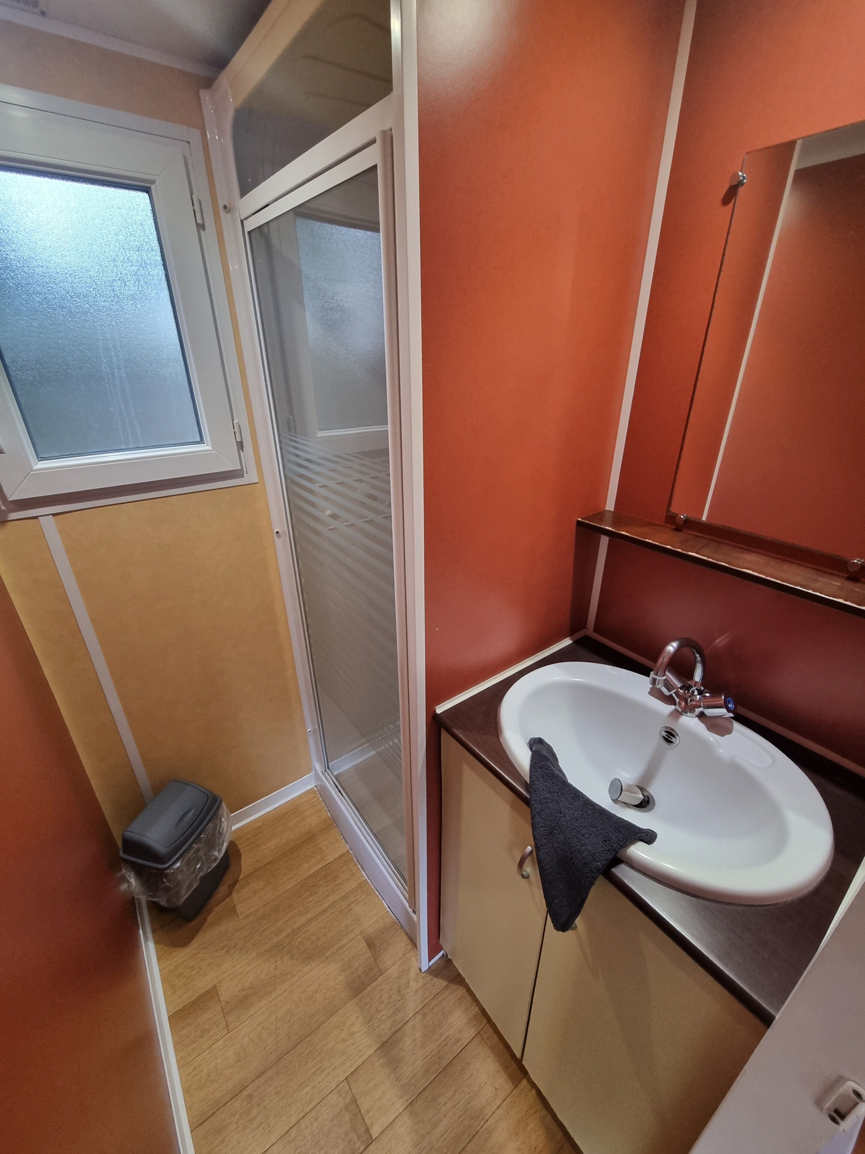 A compact bathroom with a white sink, a mirror, and a shower enclosure.