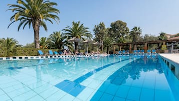 Outdoor pool, pool umbrellas, pool loungers