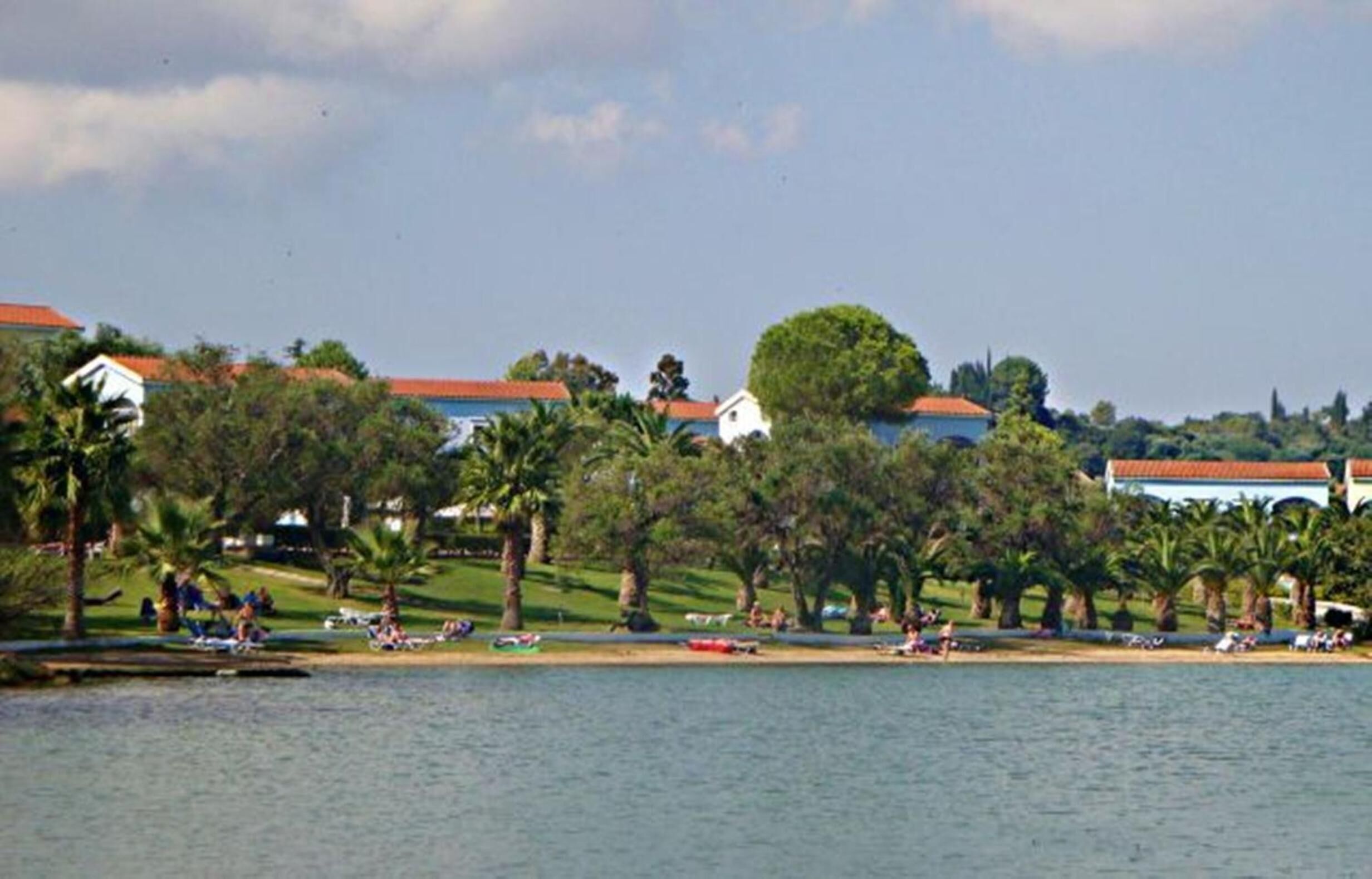 A waterfront property with a row of houses, palm trees, and a beach area with people relaxing.