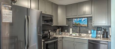 Fridge, microwave, oven, stovetop