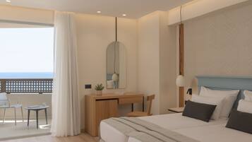 Una habitación de hotel moderna con una cama grande, un escritorio con una silla, una mesita con un vaso de agua y vistas al océano.