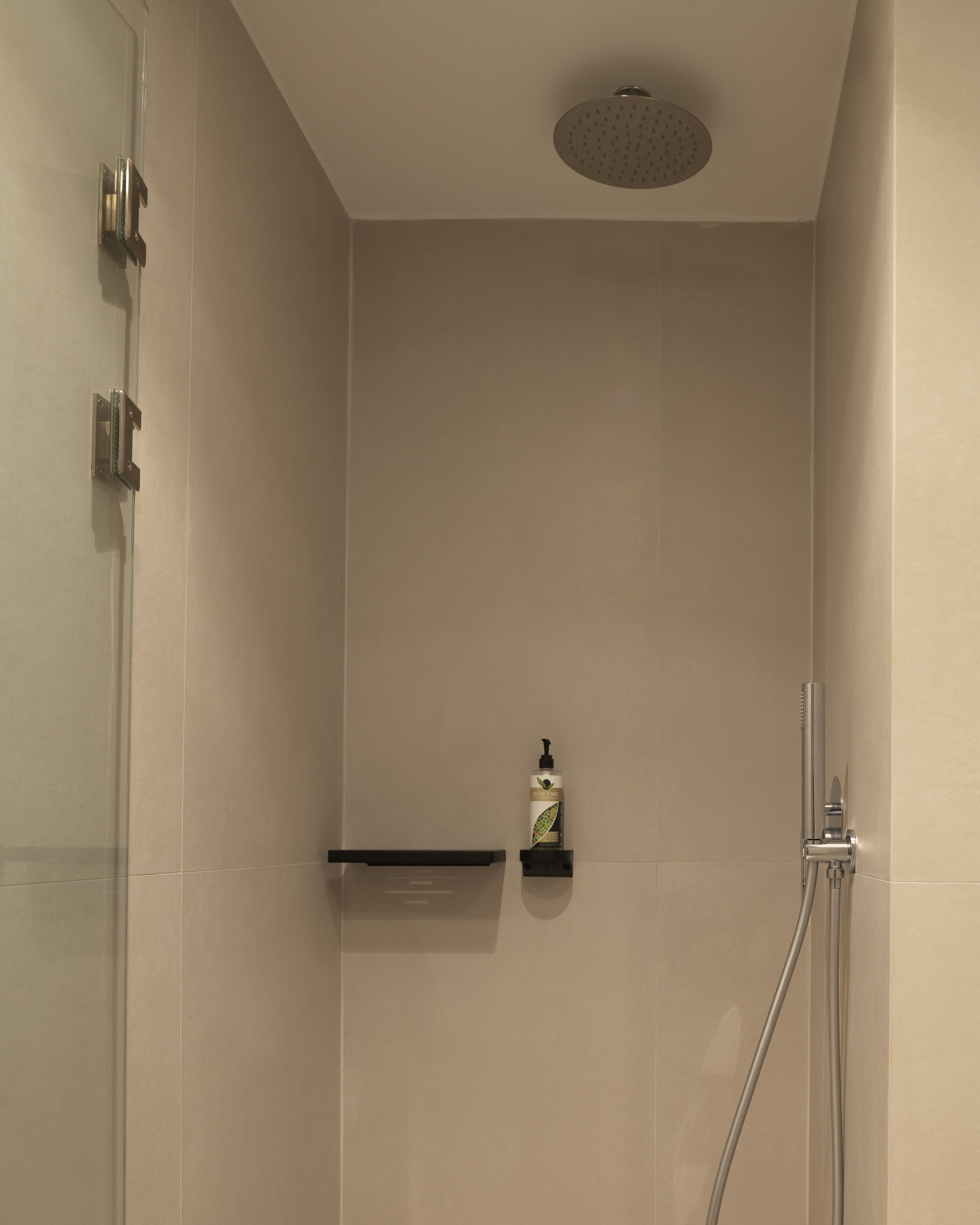 Een moderne douche met een handdouche, een zeepdispenser en een handdoekhouder.