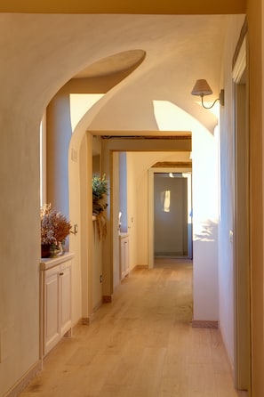 Un couloir avec un plancher en bois, des murs blancs et une porte au fond.