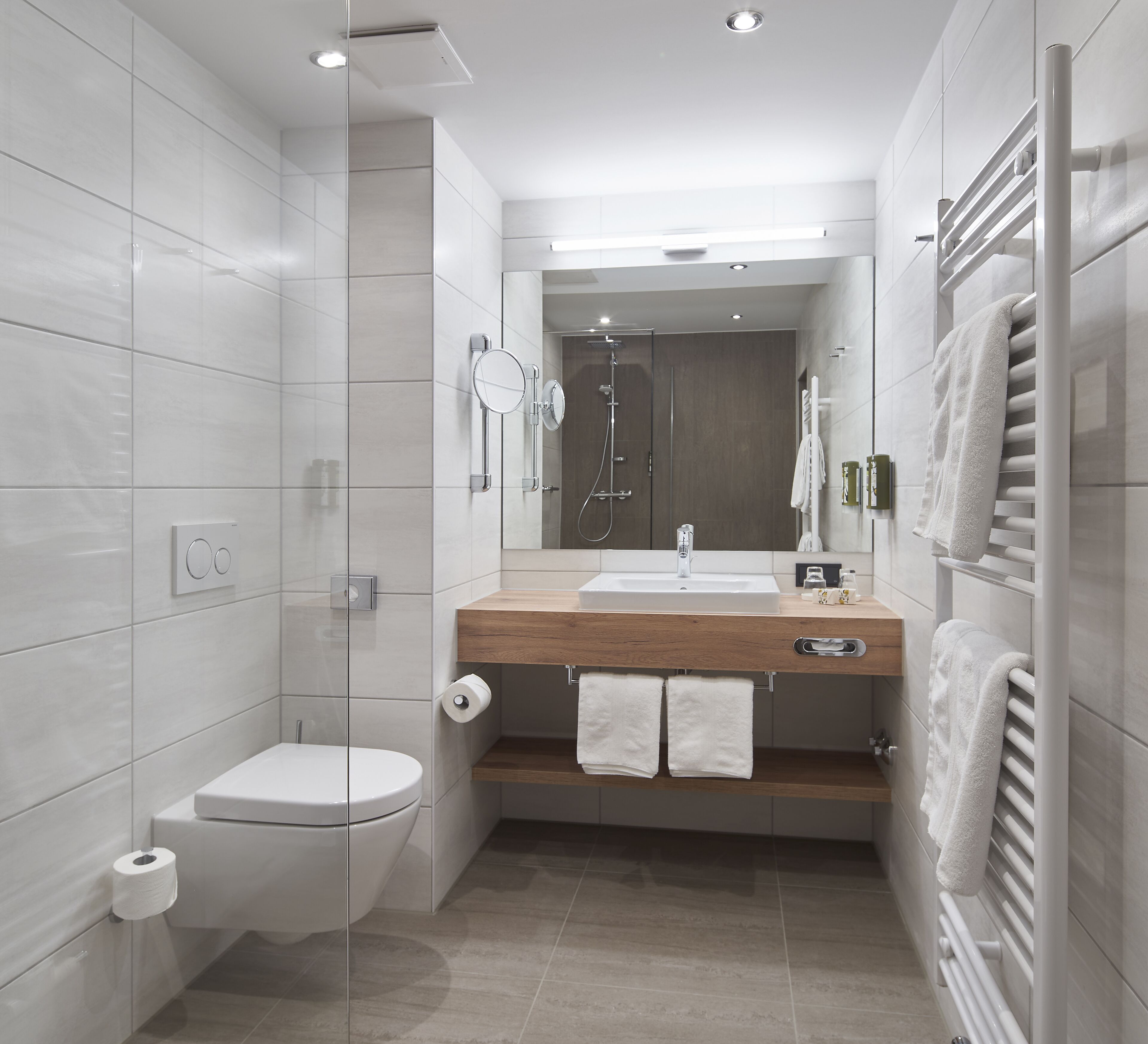 deluxe double room | bathroom | shower, rainfall showerhead, free toiletries, hair dryer