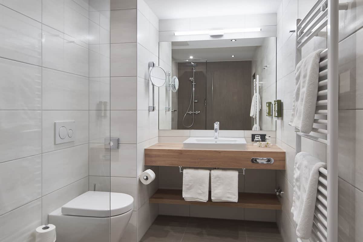 deluxe double room | bathroom | shower, rainfall showerhead, free toiletries, hair dryer
