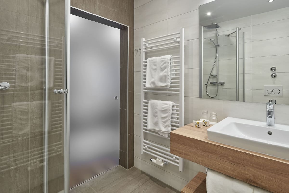 shower, rainfall showerhead, free toiletries, hair dryer