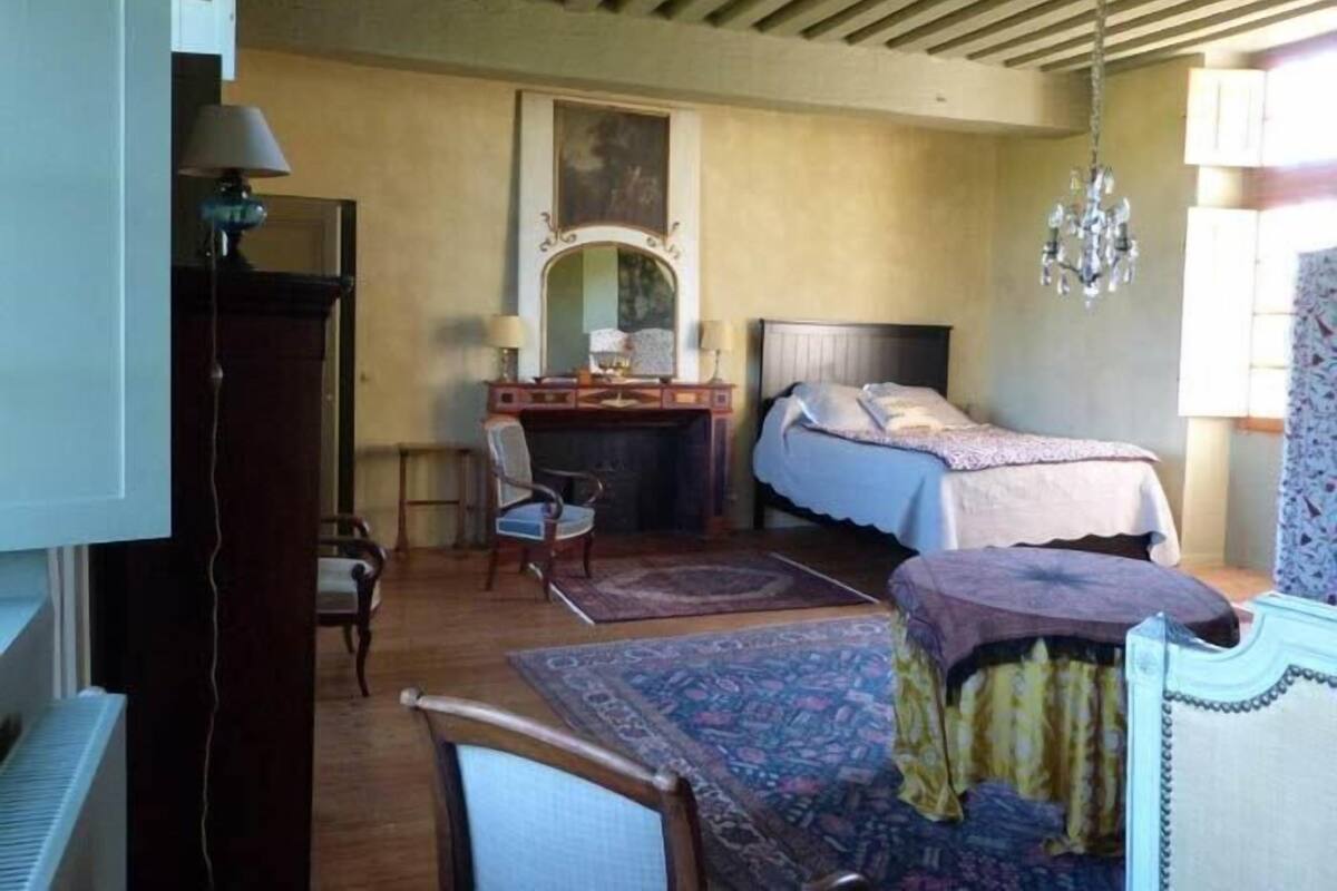 A bedroom with a bed, a desk, a chair, a radiator, and a chandelier.