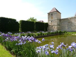 Um edifício histórico de pedra com uma torre, rodeado por um jardim bem cuidado com flores roxas e um lago.