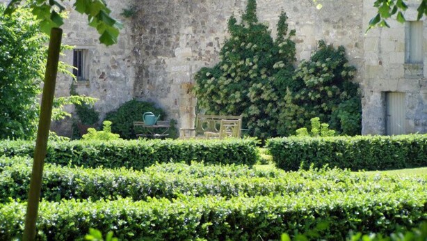 A stone wall with ivy, a bench, and neatly trimmed hedges in a garden setting. - Manoir du Plessis au Bois (Vauciennes)
