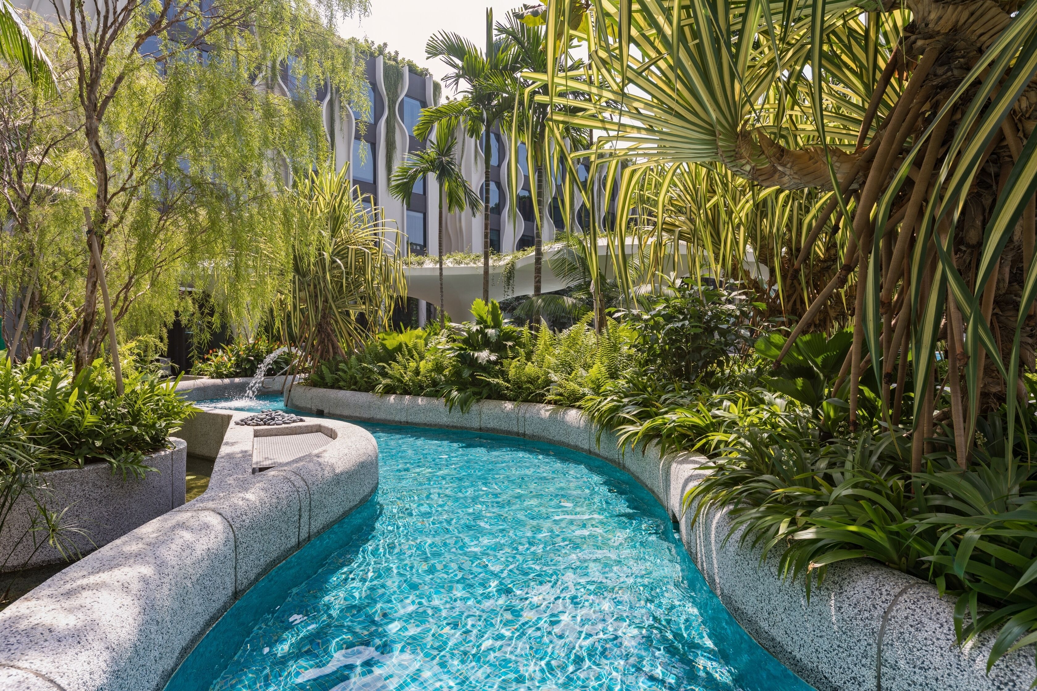 A swimming pool with a curved design, surrounded by lush greenery and a modern building in the background.