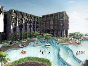 Ein modernes Hotel mit großzügiger Poolanlage, Sitzgelegenheiten im Freien und üppiger Bepflanzung.