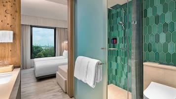 Shower, eco-friendly toiletries, hair dryer, slippers