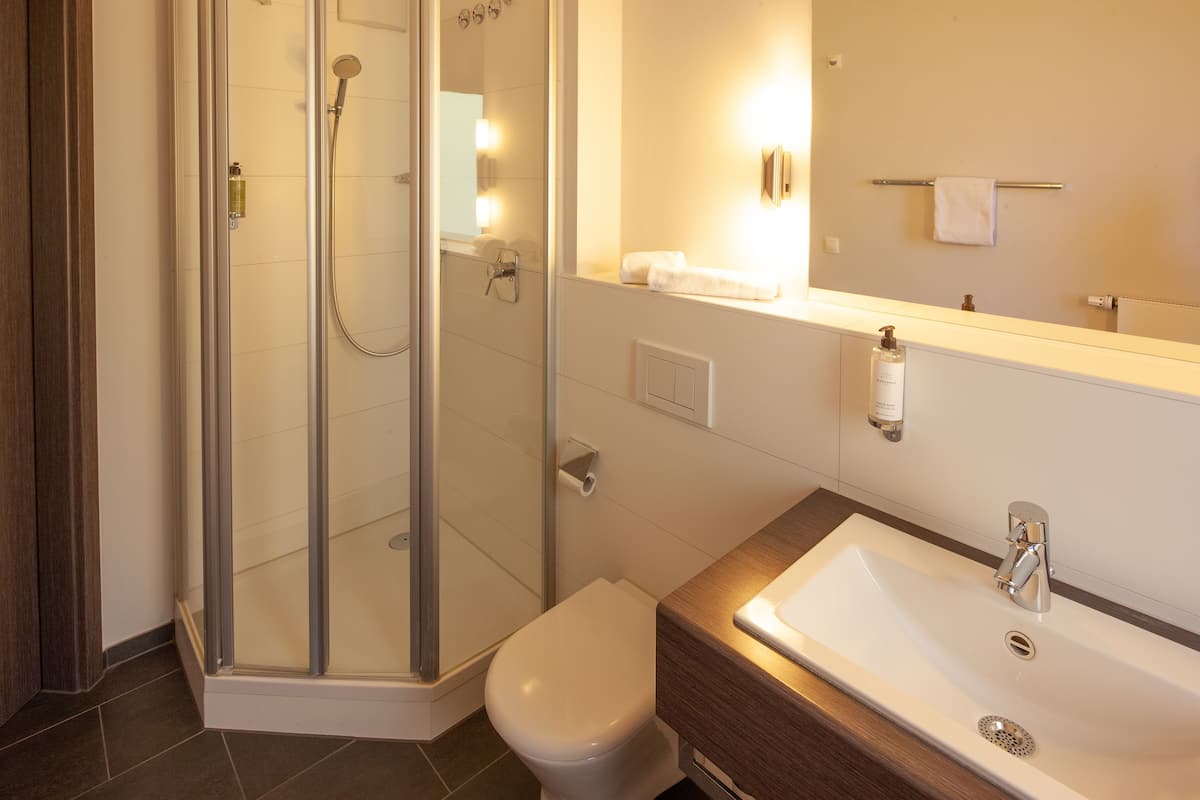 standard single room | bathroom | shower, hair dryer, towels