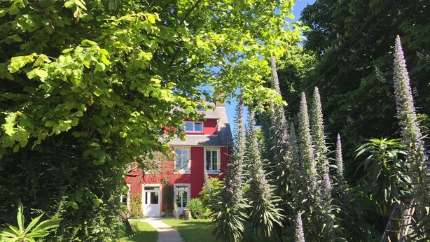 A red house with a gravel path leading to the front door, surrounded by lush greenery and tall flowering plants. - L'Ermitage (Saint-Vaast-la-Hougue)
