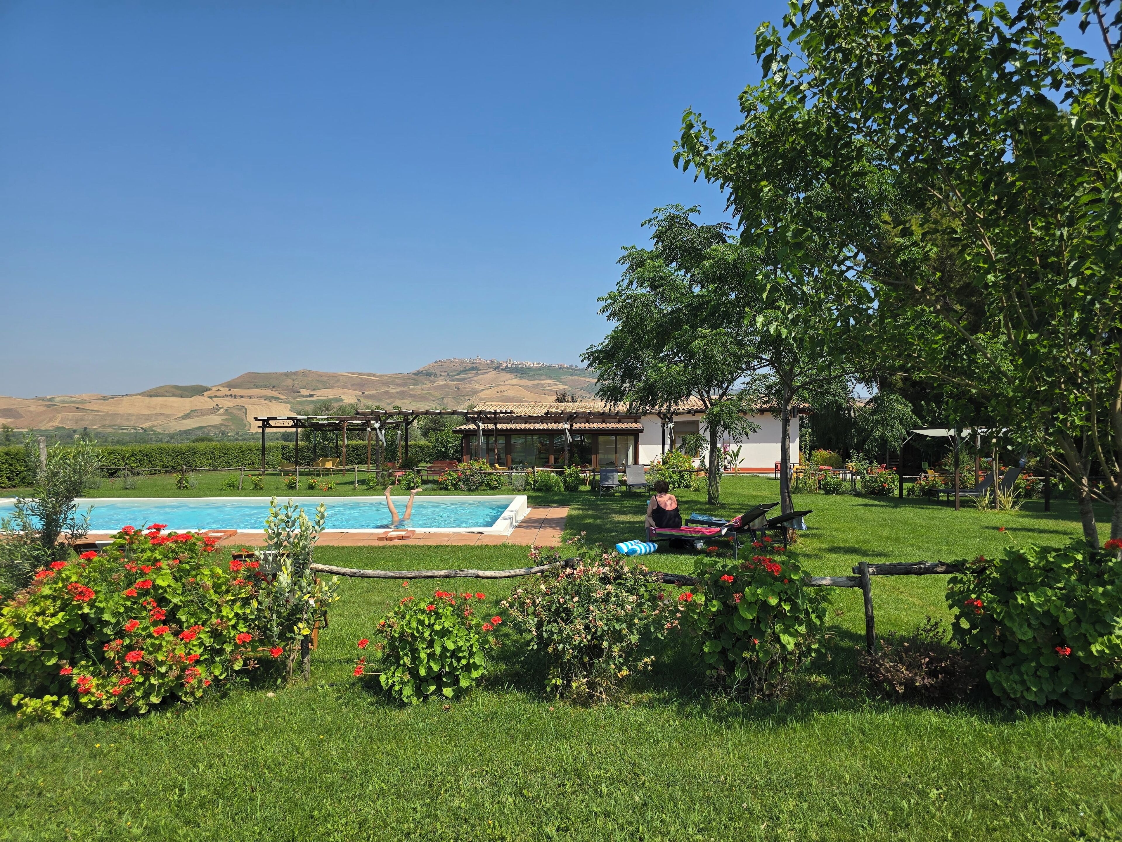 Un espace piscine avec vue sur les collines, une pergola et un jardin agrémenté de fleurs rouges.