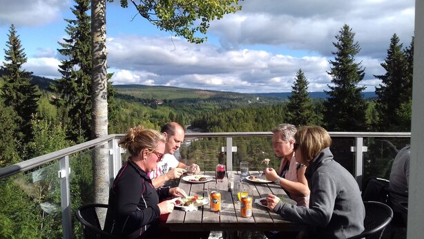 Un grupo de personas cenando en una mesa al aire libre con una vista panorámica de un valle boscoso.