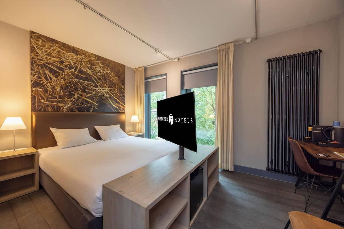 Une chambre d’hôtel avec un lit, une télévision, un bureau avec une chaise et une fenêtre avec des rideaux.