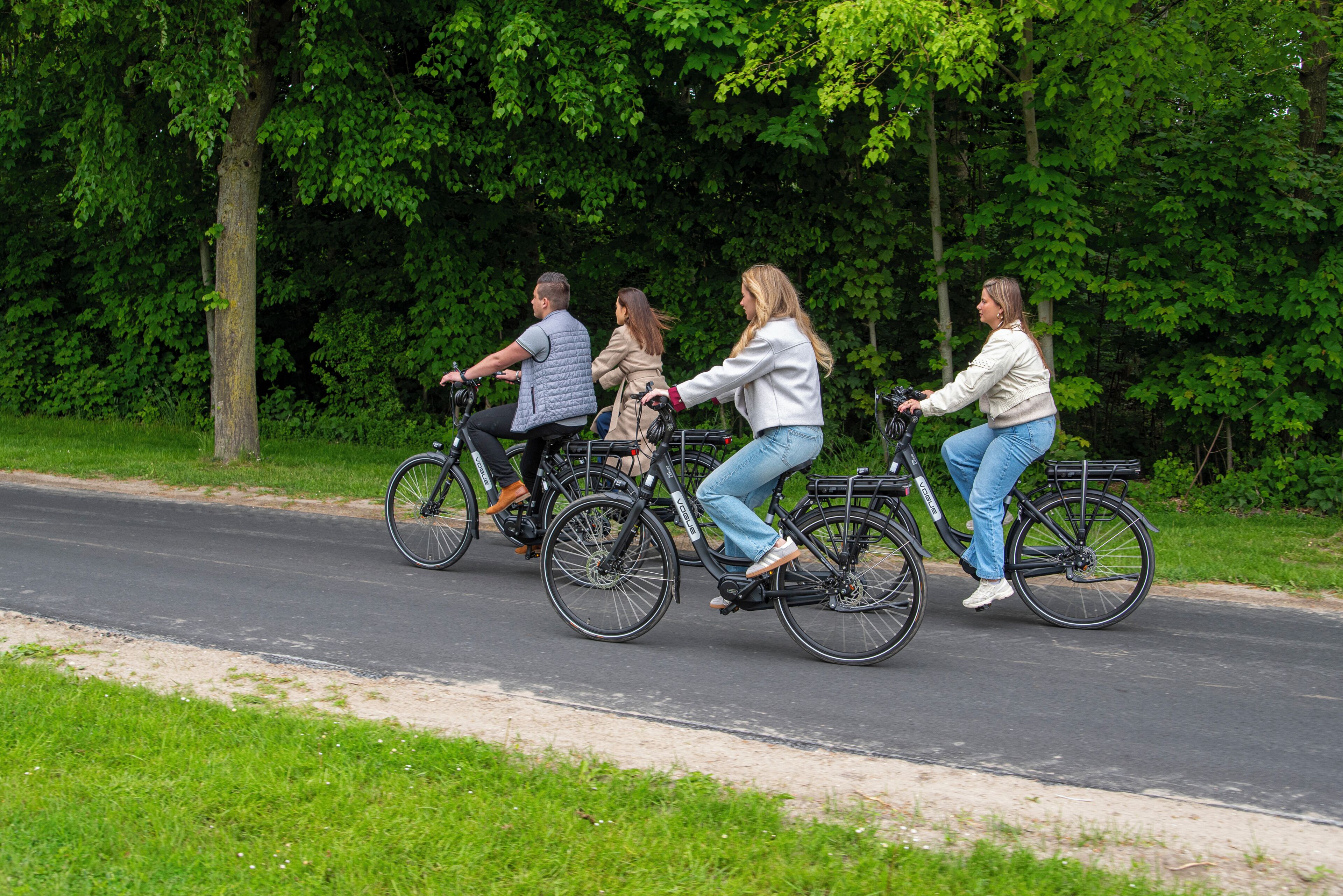 Quattro persone che vanno in bicicletta su un sentiero asfaltato, con alberi sullo sfondo.