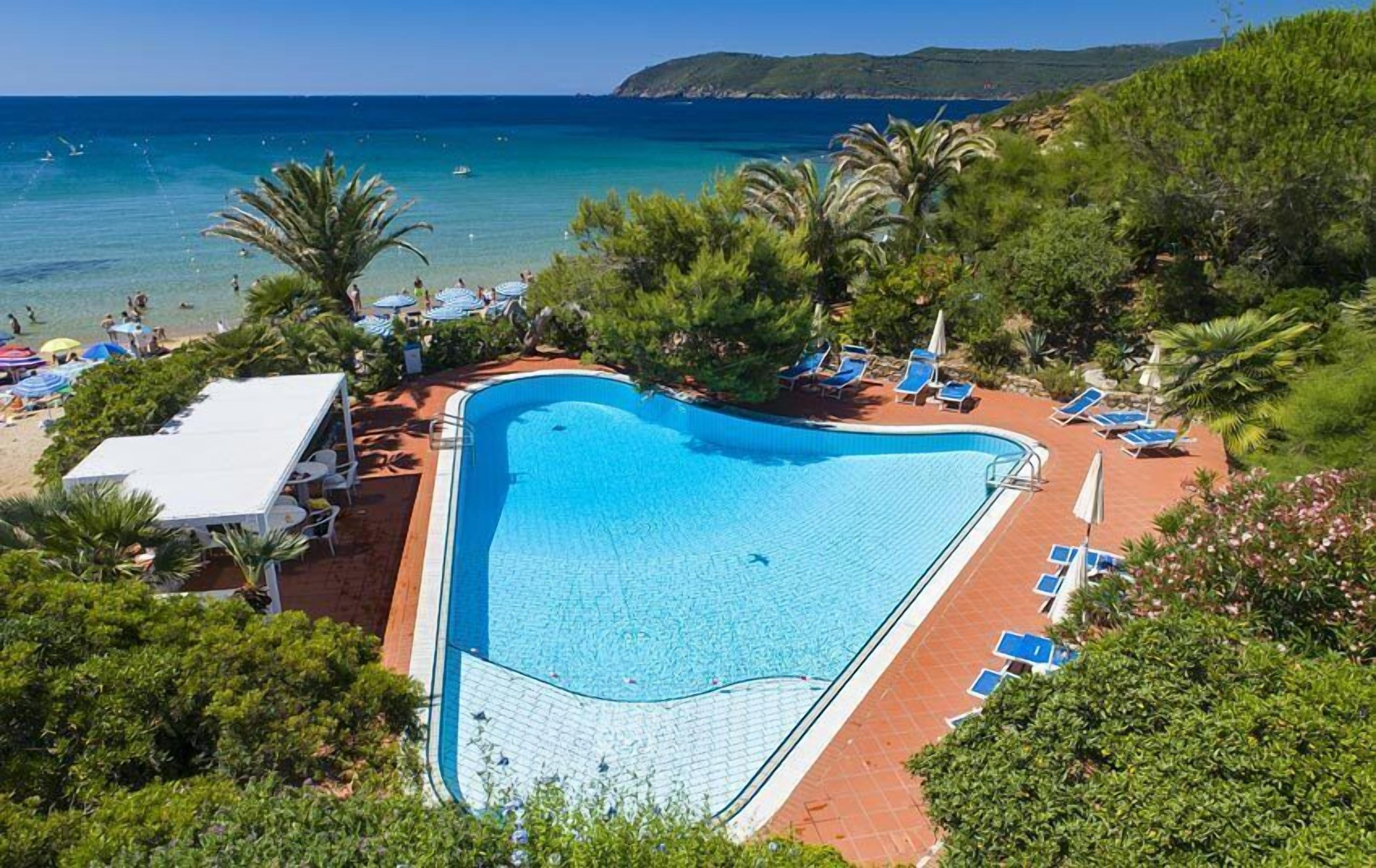 Ein Pool mit Blick auf das Meer, umgeben von Palmen und Liegestühlen.