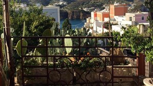 A balcony with a view of a coastal town, cactus plants, and a tiled floor. - Villa Laetitia (Ponza)