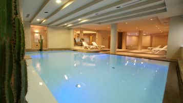 Indoor pool, open 10:00 AM to 8:00 PM, sun loungers