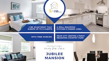 A 2-bedroom apartment with a well-equipped kitchen, dining area, and free parking. It is located near the city center and Ferry Meadows Country Park.